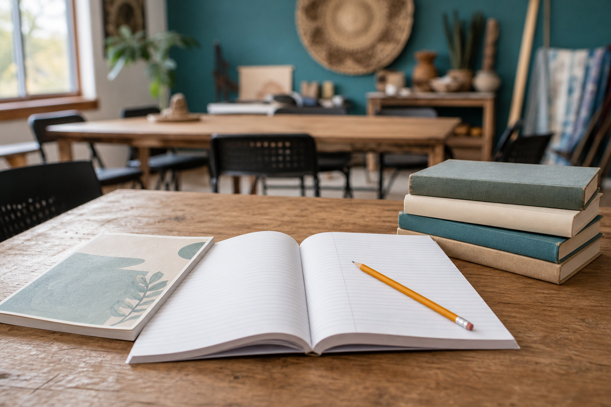 Open notebook and books on a community learning table
