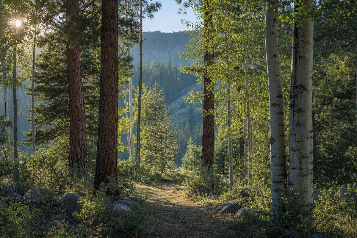 A sunlit forest path through trees