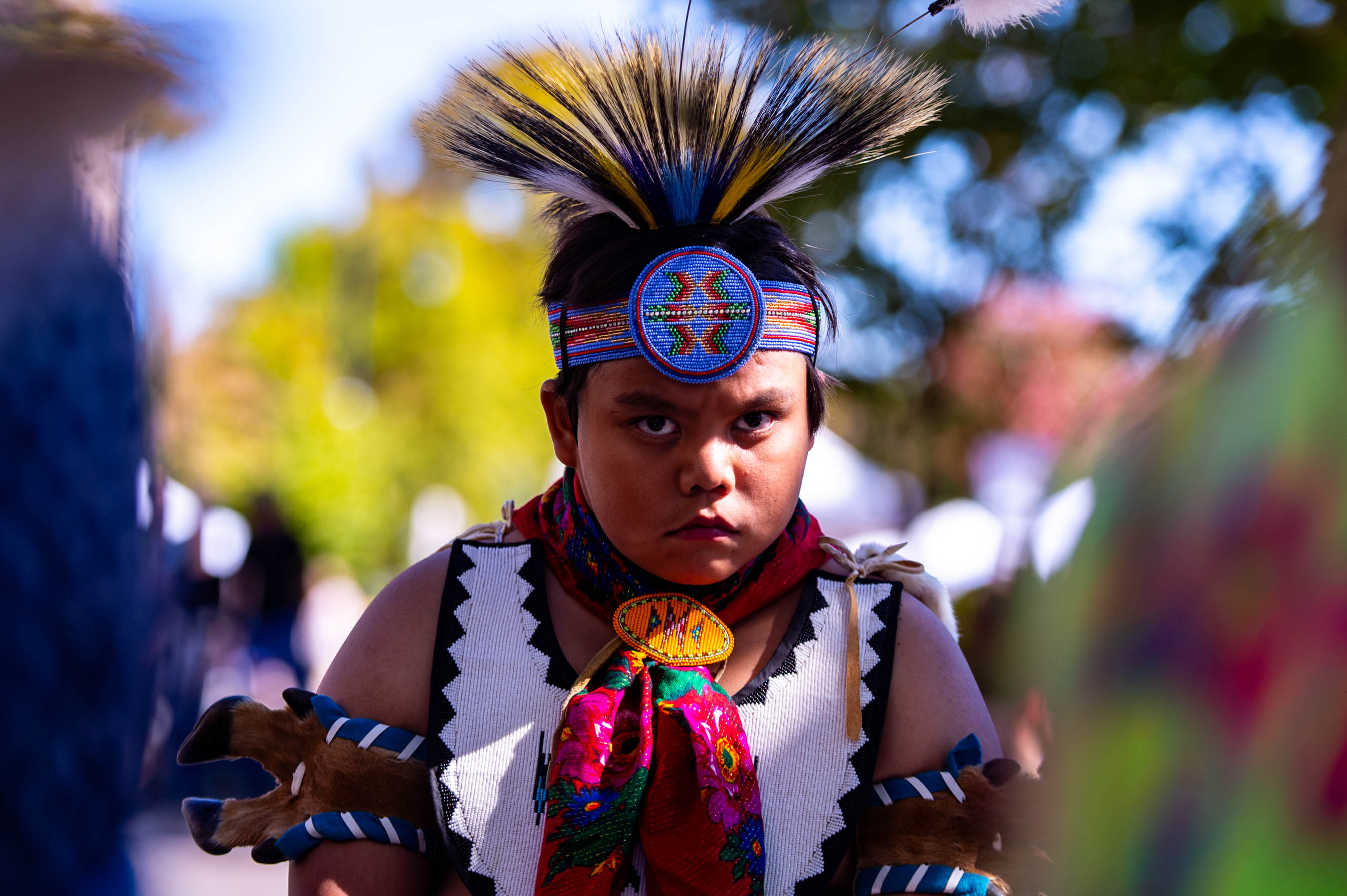 Young Native American dancer in traditional regalia and headdress