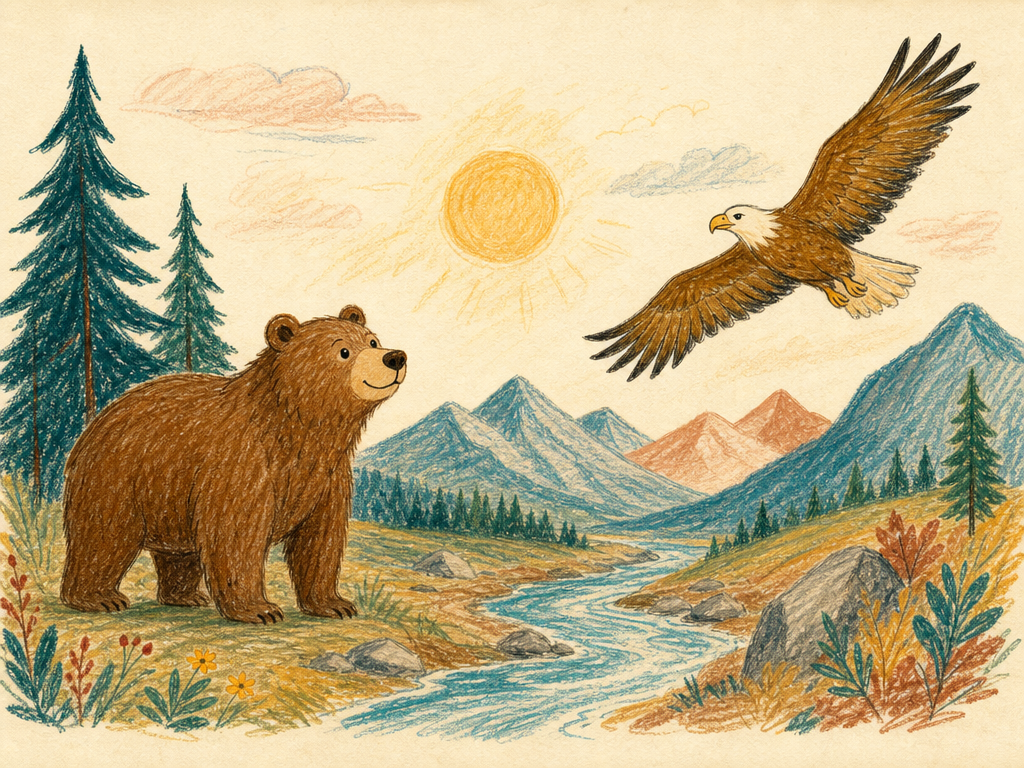 Child-drawn bear and eagle in a mountain landscape