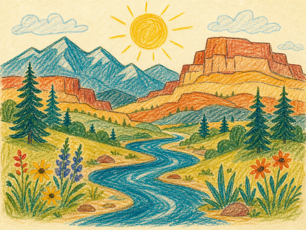 Child-drawn mountains and a winding river